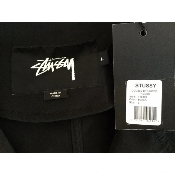 Stussy Double Breasted Men’s Black Trench Coat Size L